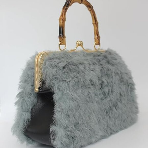 Neiman Marcus Blue Curly Rabbit Fur Bamboo-Style Handle and Gold Kisslock Bag